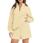 Damen bequemen Freizeit-Sweatanzug mit halbem Reißverschluss und Shorts R&B