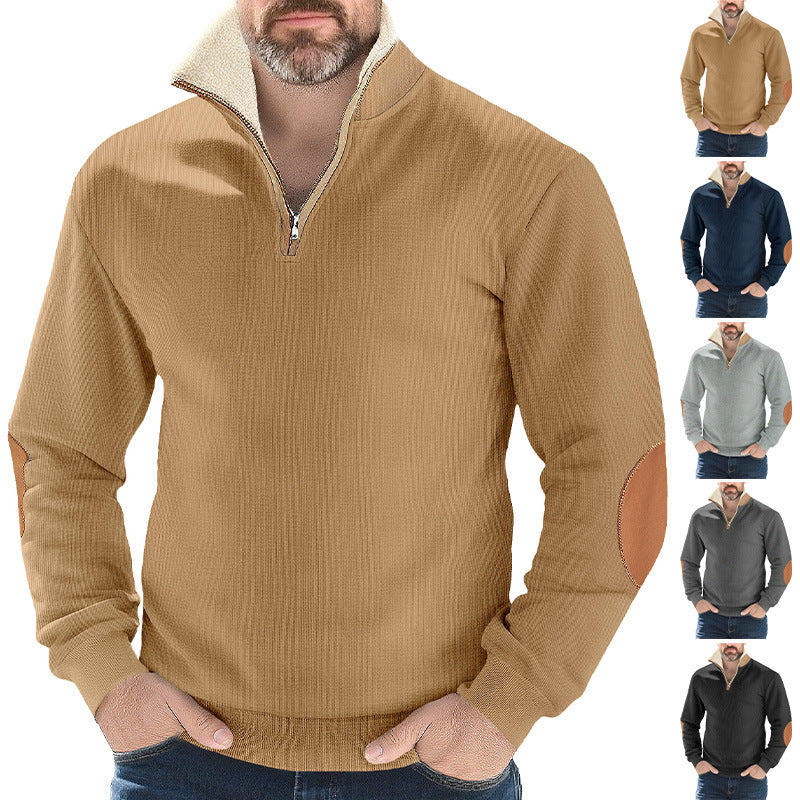 Herren nan Strukturstrick-Halbzipppullover mit wärmendem Sherpa-Kragen und Velours-Ellenbogenapplikation R&B