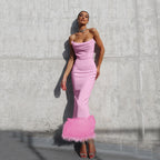 Damen Elegantes Midi-Kleid mit verführerischem Federbesatz R&B