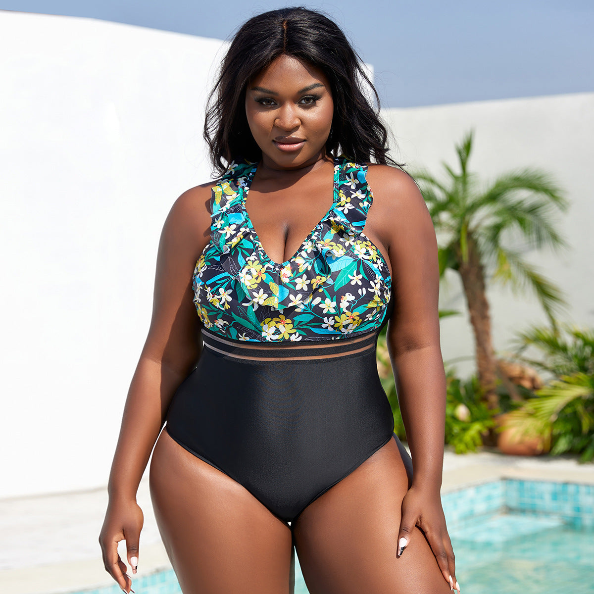 Damen Hochtaillierter Badeanzug mit Rüschendetails und floralem Oberteil R&B