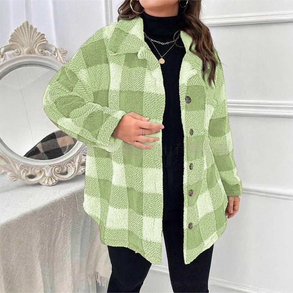 Damen kuschelige Karojacke mit Knopfverschluss und oversized Schnitt