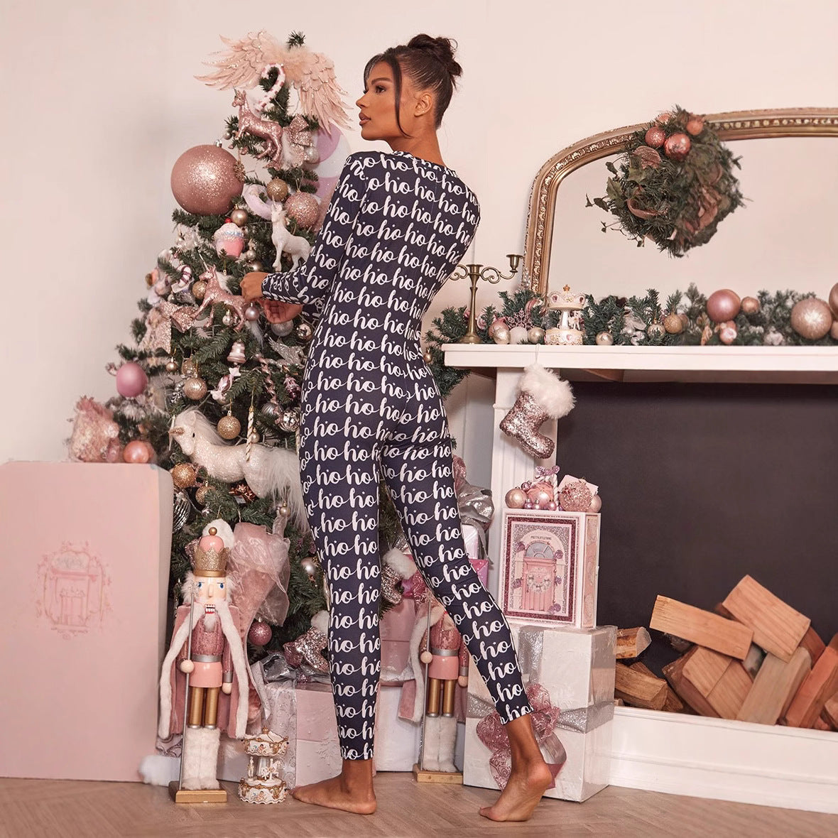 Damen Gemütlicher Jumpsuit mit Weihnachtsmotiv und langer Arm