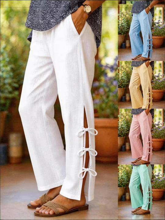 Damen Leichte Sommerhose mit seitlichen Bindegürtel undDekolleté-Schlitzen R&B
