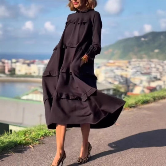 Damen nan kastiges Stufenmidikleid mit Rüschenkragen, gerafften Manschetten und verdeckten Seitentaschen R&B