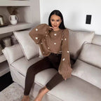 Damen lässiger Strickpullover mit herzförmigen Mustern und angeschnittenen Ärmeln R&B