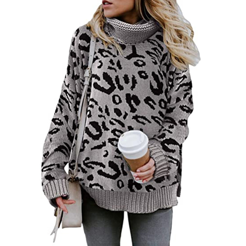 Damen Oversized Strickpullover mit Leopardenmuster und hohem Kragen R&B
