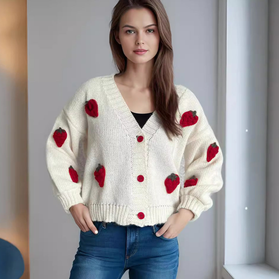 Damen Strickjacke mit verspielten Obstapplikationen R&B