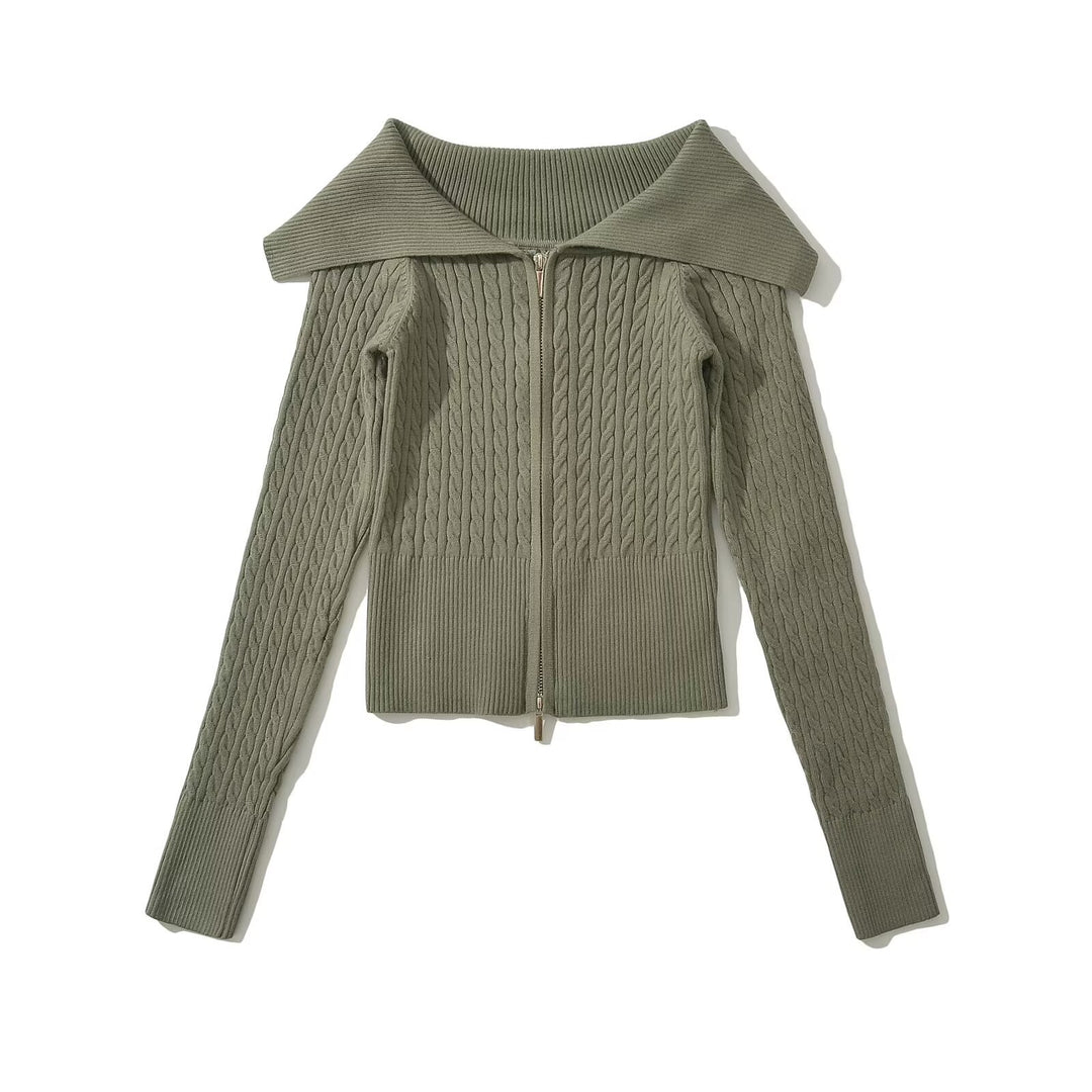 Damen modische Strickjacke mit weitem Kragen und Reißverschluss R&B