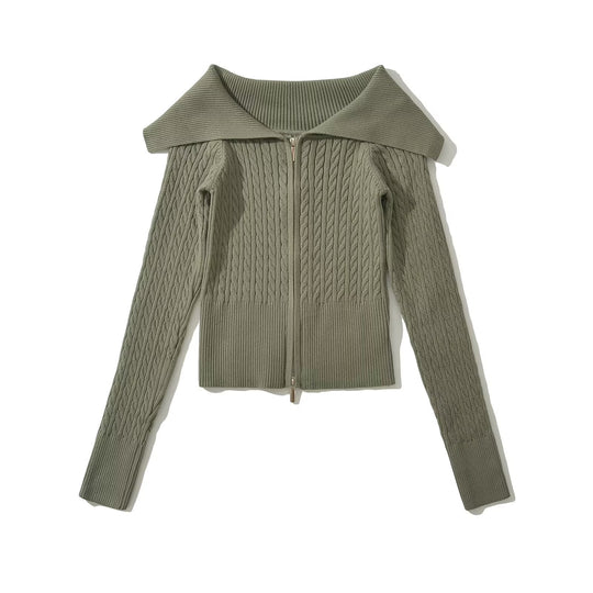 Damen modische Strickjacke mit weitem Kragen und Reißverschluss R&B