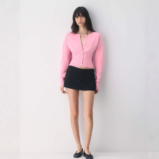 Damen Cropped Strickjacke mit Knopfleiste und Rippstrick R&B