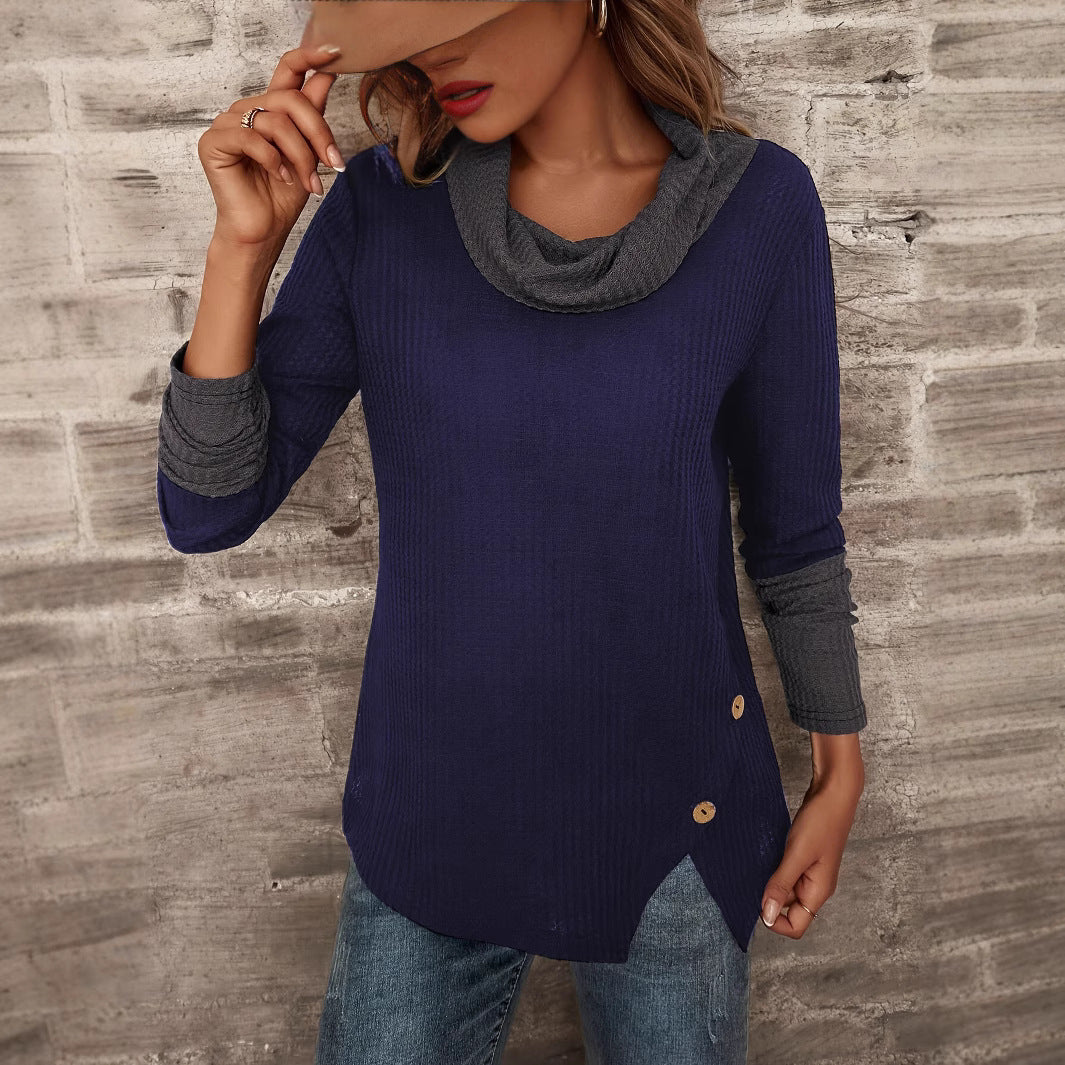 Damen Modischer Pullover mit hohem Kragen und gestreiften Ärmeln R&B