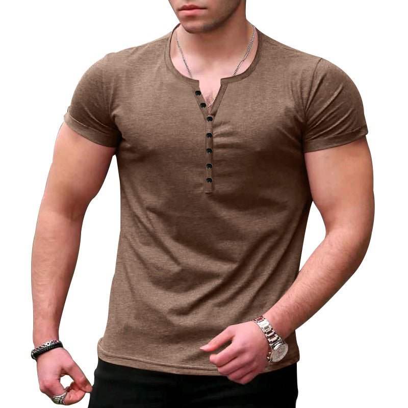 Herren Kurzarm-Henley-T-Shirt mit Knopfleiste und weichem Baumwollmaterial R&B