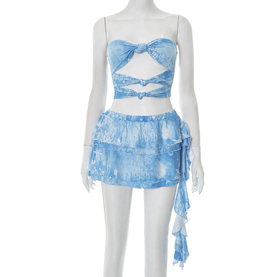 Damen Bandeau-Wickeloberteil mit verspieltem Rock und floralen Prints R&B