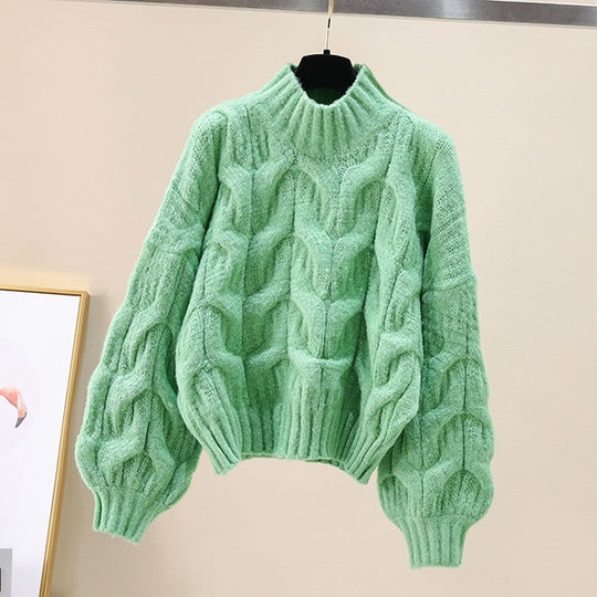 Damen kuscheliger Strickpullover mit voluminösen Ärmeln und Zopfmuster R&B