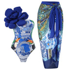 Damen Eleganter Badeanzug mit großem Blumen-Detail und transparentem Überrock R&B