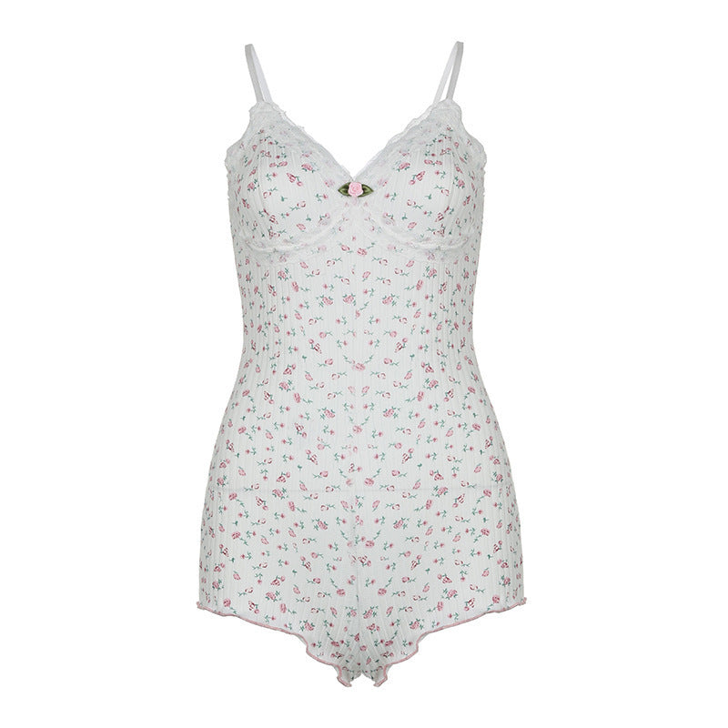 Damen Nachtwäsche Bodysuit mit floralem Druck und zarten Spitzenakzenten R&B