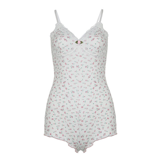 Damen Nachtwäsche Bodysuit mit floralem Druck und zarten Spitzenakzenten R&B