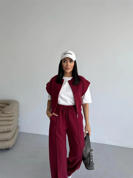 Damen sportliches Twin-Set mit kurzem Reißverschluss und weiten Hosen R&B