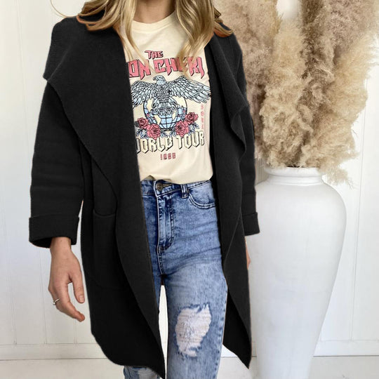 Damen Oversized Strickjacke mit weitem Revers und Taschen R&B