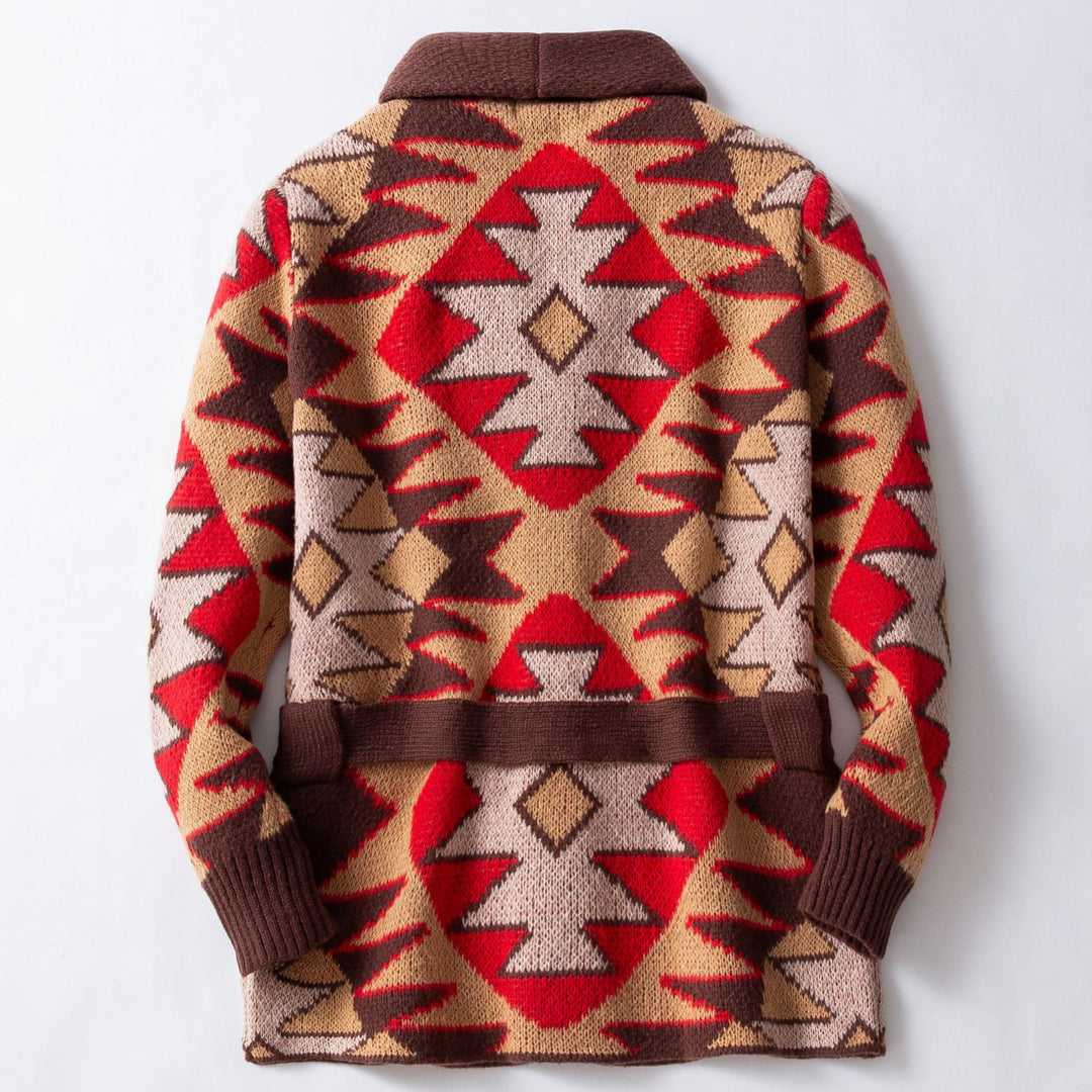 Damen Strickjacke mit geometrischem Muster und breitem Kragen R&B