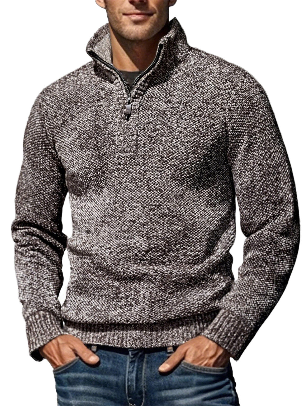 Herren nan grobgestrickter Strickpullover mit halbem Reißverschluss und hohem Stehkragen R&B