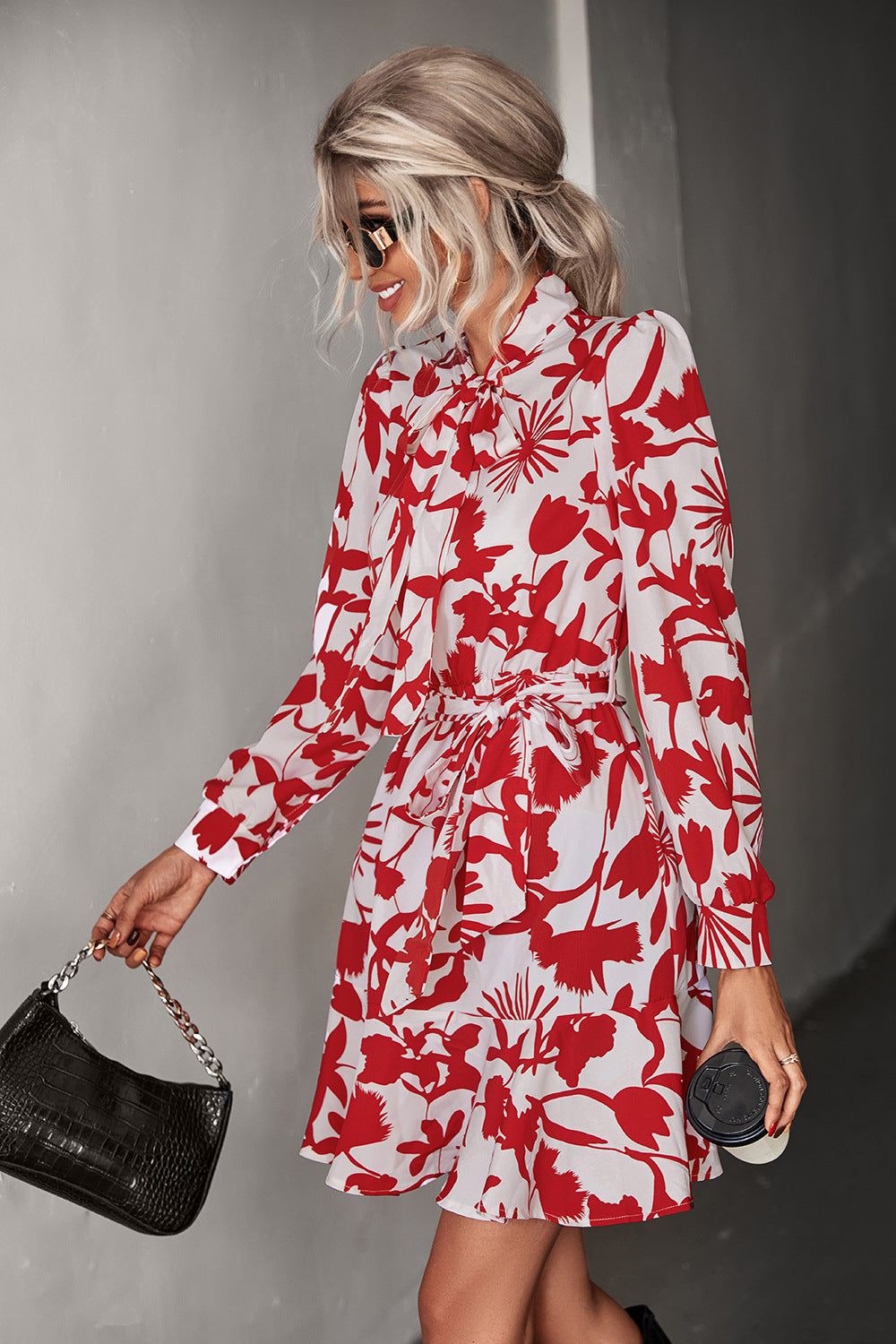 Damen Kleid mit hochgeschlossenem Kragen und modischem Blumendruck R&B