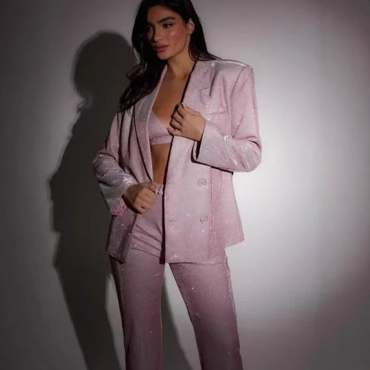 Damen Glitzerndes Anzugset mit Crop-Top und Flared Pants R&B