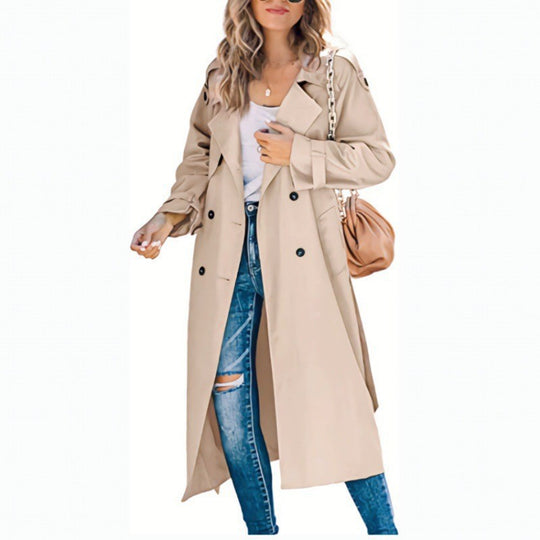 Damen eleganter Trenchcoat mit doppelt Reihe Knopfverschluss und Taillengürtel R&B