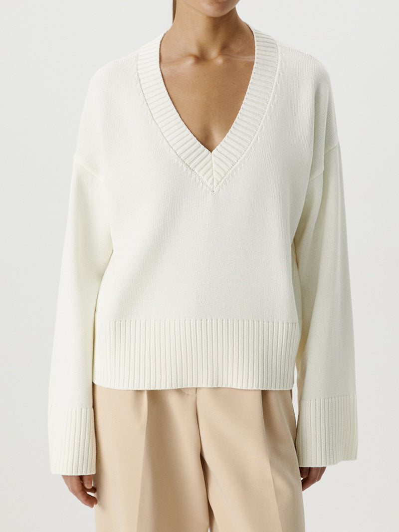 Damen Strickpullover mit tiefem V-Ausschnitt und lässigem Schnitt R&B