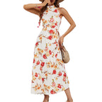 Damen Maxikleid mit hochgeschlossenem Design und floralem Gürtel R&B