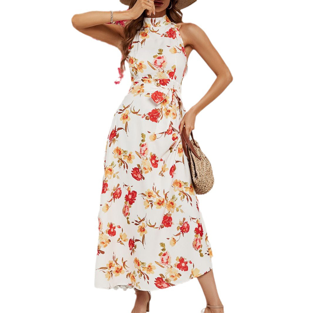Damen Maxikleid mit hochgeschlossenem Design und floralem Gürtel R&B