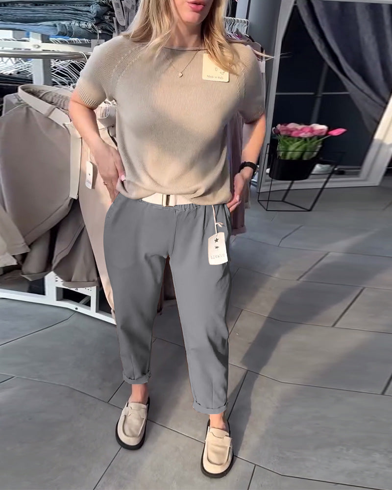 Damen nan lässige Baumwoll-Chino mit elastischem Komfortbund, Umschlag und Ziergürtel R&B