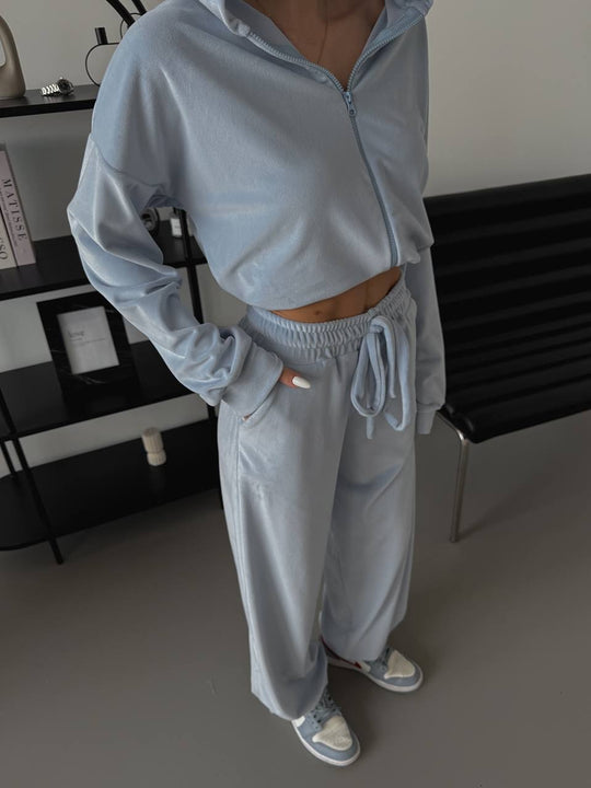 Damen elegantes Velours Lounge-Set mit cropped Oberteil und weitem Hosen R&B