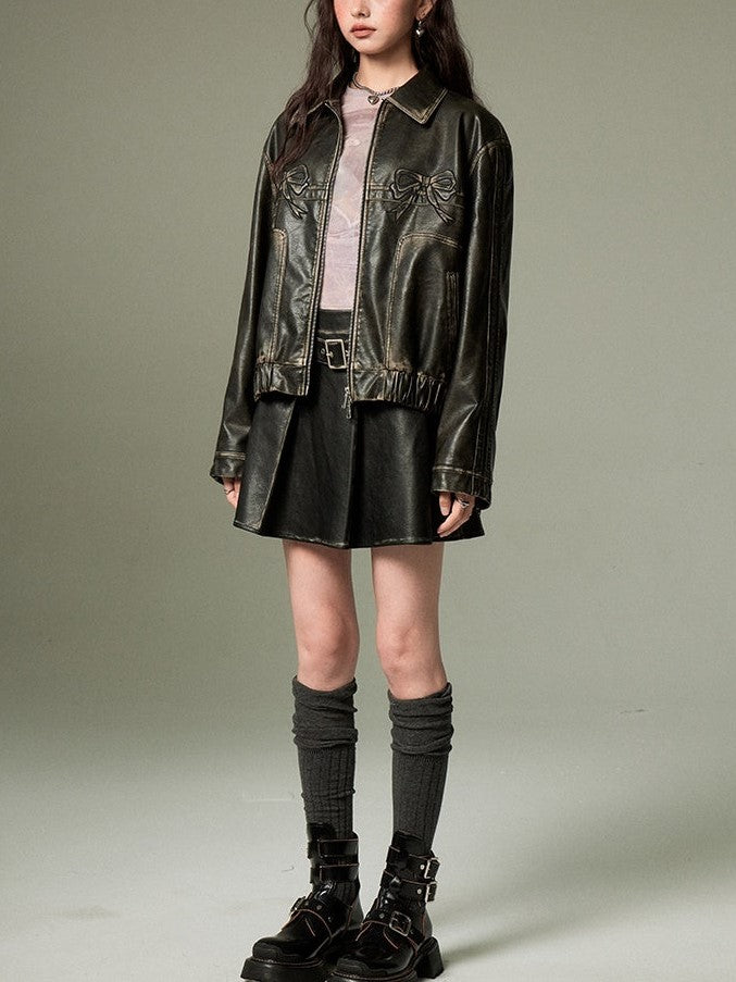 R&B | Bowknot Zip Up Lederjacke