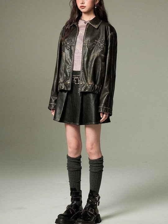 R&B | Bowknot Zip Up Lederjacke