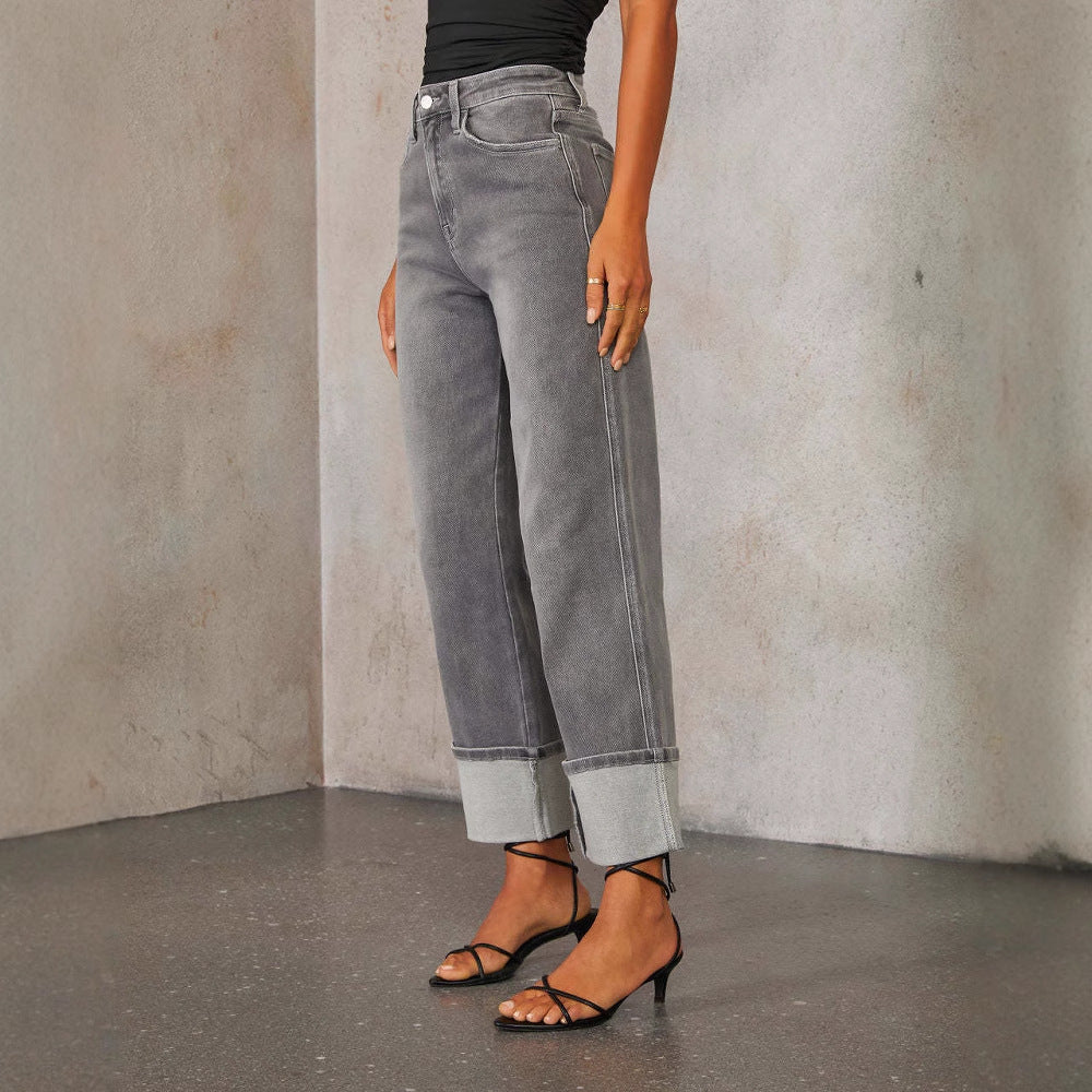 Damen Weite Jeans im modernen cropped Stil mit Kontrastabschlüssen R&B