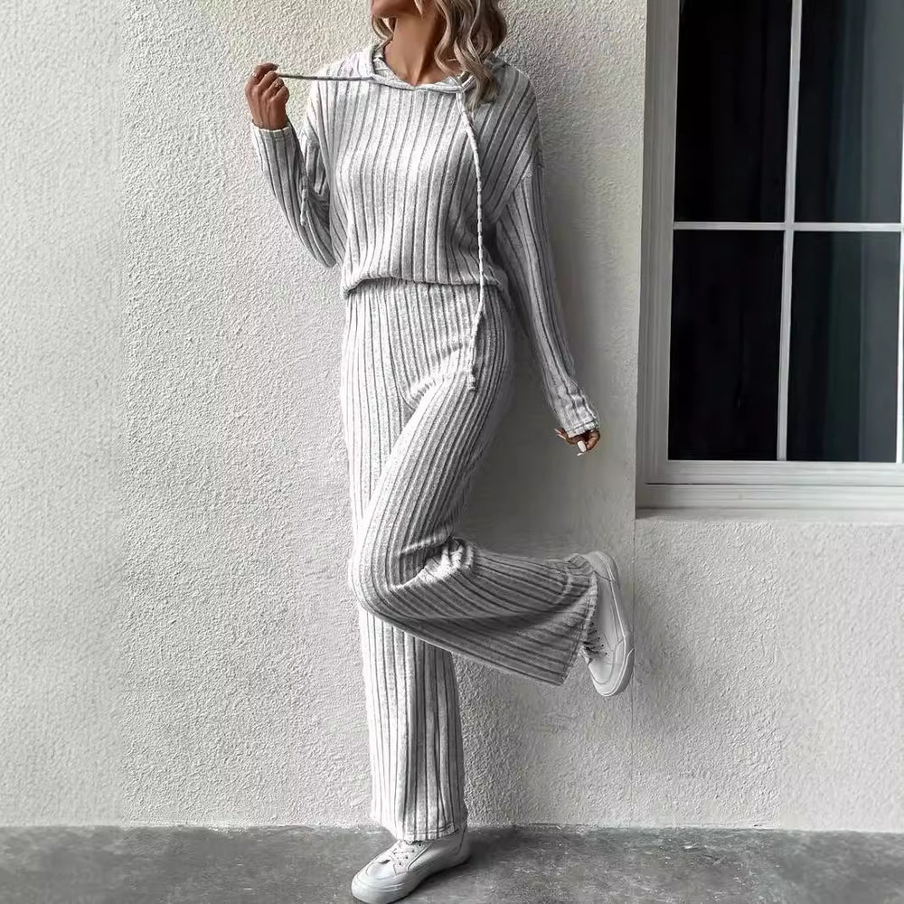 Damen lässiges Strickset mit weichem Hoodie und weiten Hosen R&B