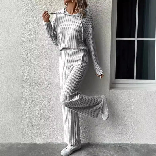 Damen lässiges Strickset mit weichem Hoodie und weiten Hosen R&B