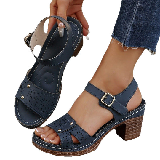 Damen Sandalen mit komfortablem Blockabsatz und dekorativem Lochmuster R&B