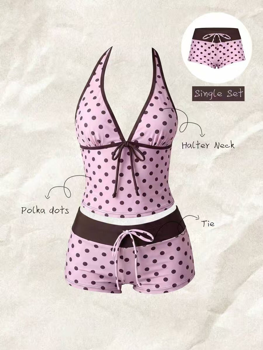 Damen Tankini mit modischem Punktmuster und verstellbarem Halter R&B