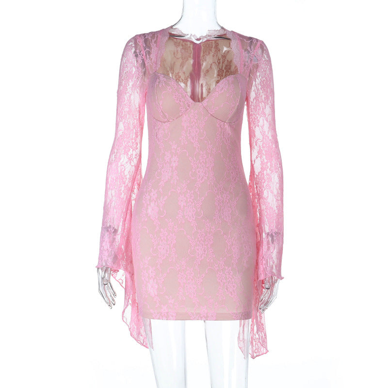 Damen Spitzenkleid mit transparenten Ärmeln