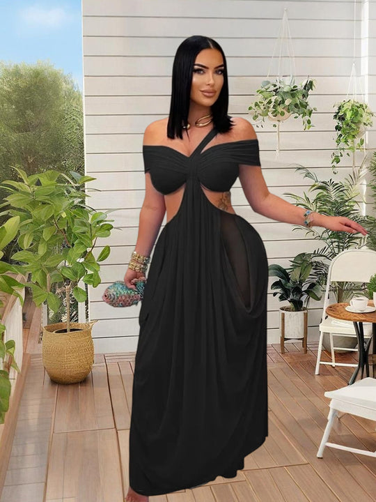 Damen Elegantes Maxikleid mit asymmetrischem Schnitt und schulterfreiem Design R&B
