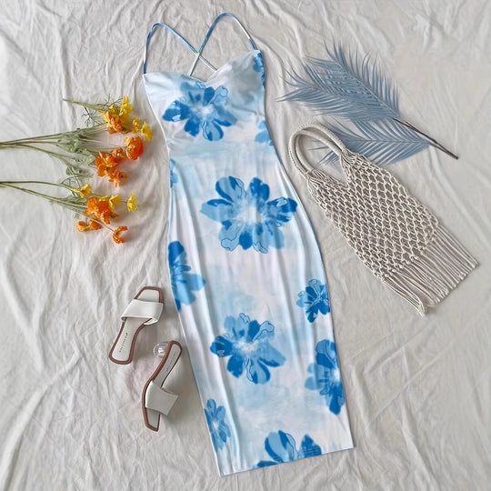 Damen figurbetontes Maxikleid mit attraktiven Spaghettiträgern und floralen Mustern R&B