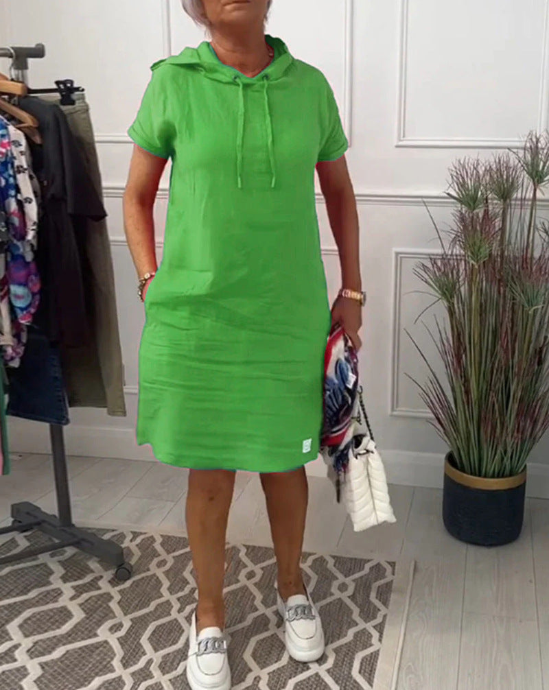 Damen nan lässiges Kapuzen-Midikleid mit kurzen Ärmeln und geradem Relax‑Schnitt R&B