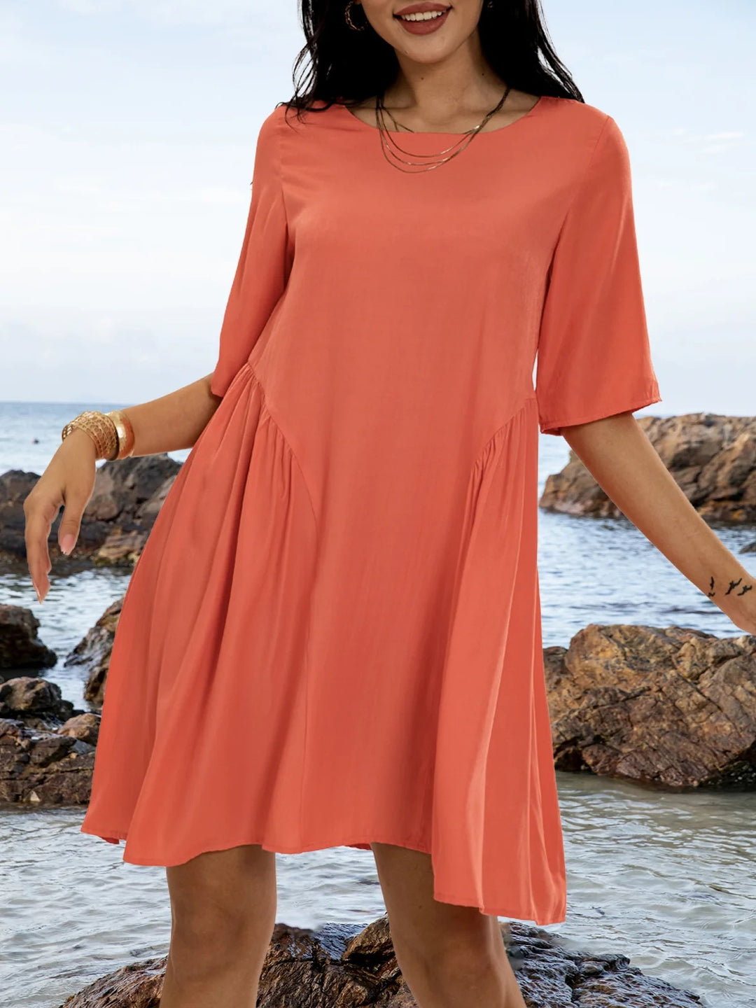 Damen weich fließendes Freizeitkleid mit Ärmeln und eleganter A-Linie R&B