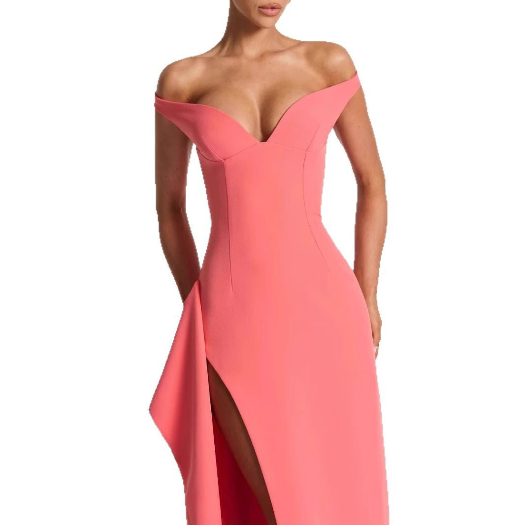 Damen Elegantes Maxikleid mit schulterfreiem Design und hohem Schlitz R&B