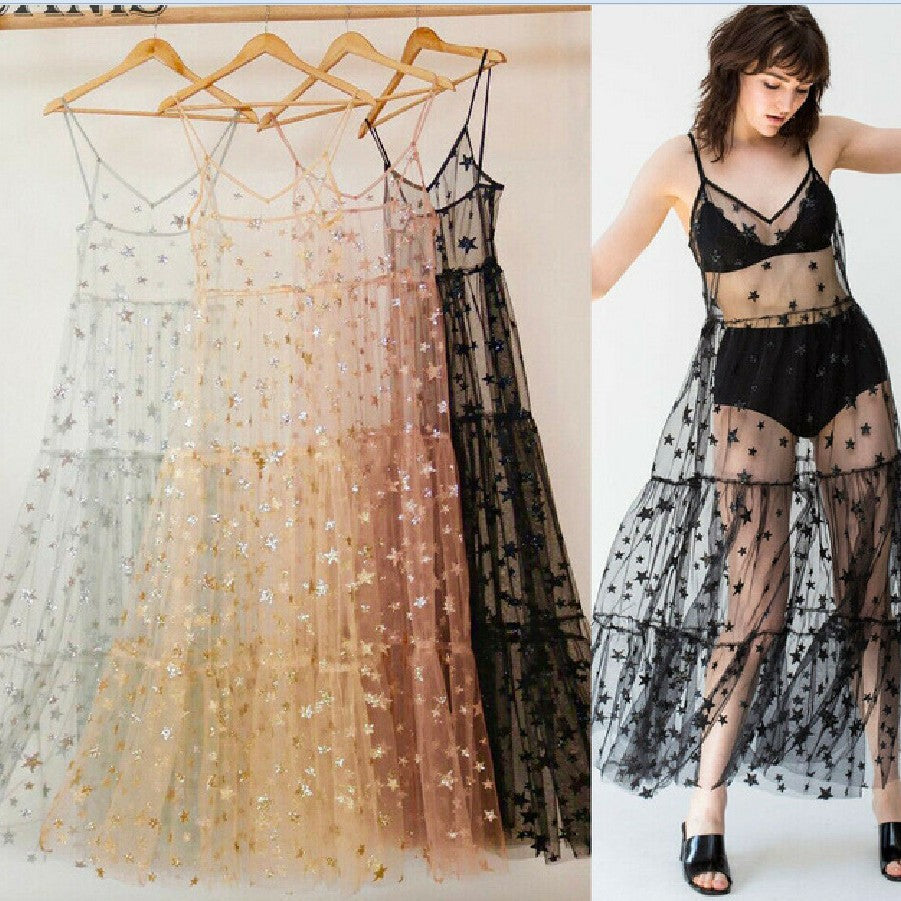 Damen Transparente Maxikleid aus Chiffon mit Sternen-Design und mehrlagigem Saum R&B
