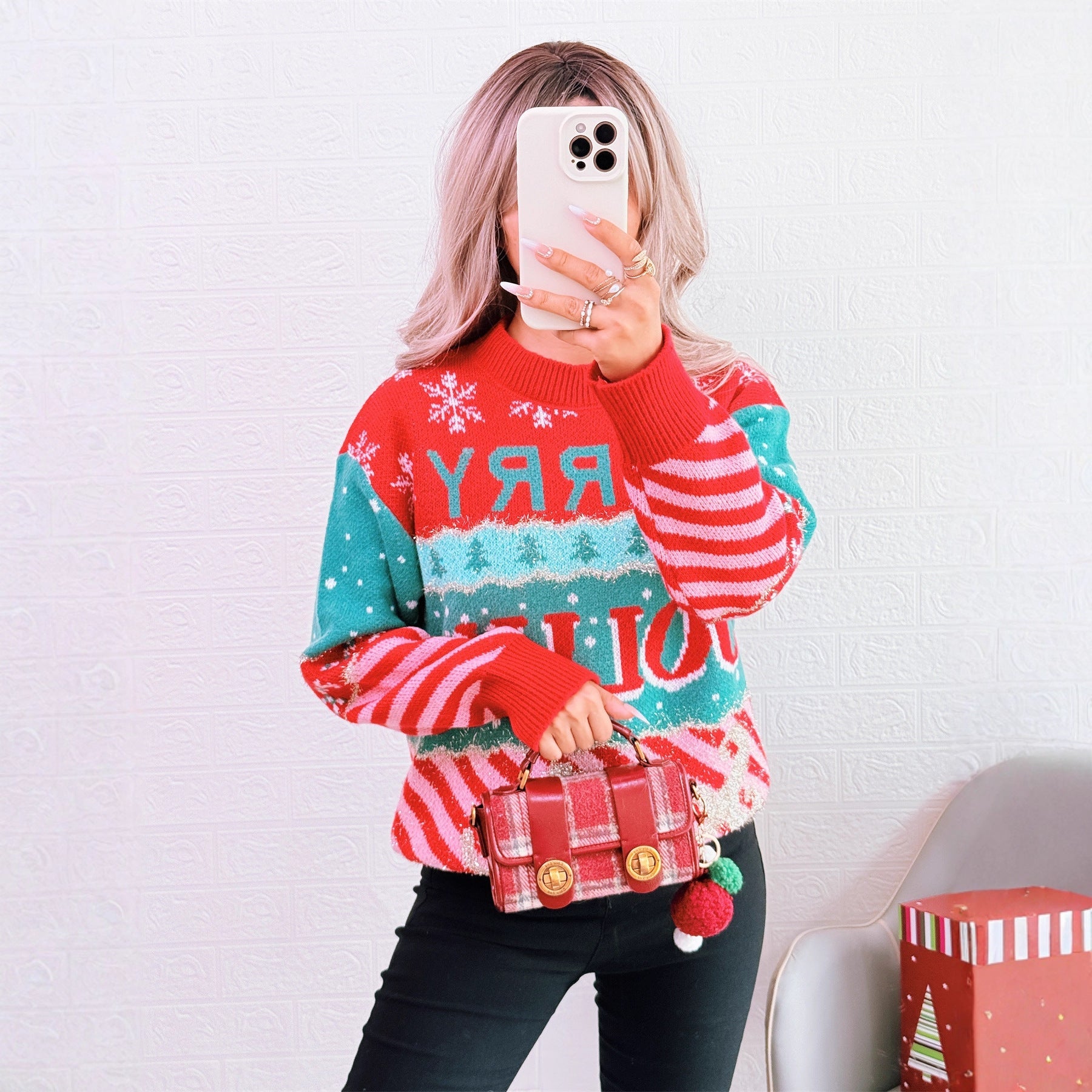 Damen festlicher Strickpullover mit kreativem Weihnachtsdesign R&B