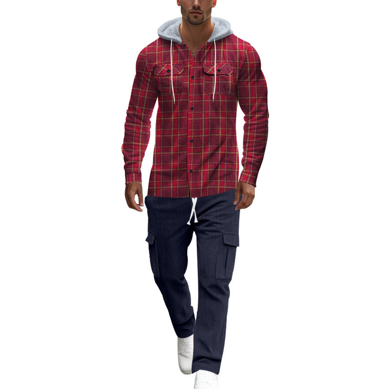 Herren gemusterte Kapuzenshirtjacke mit karierter Struktur und praktischen Taschen R&B