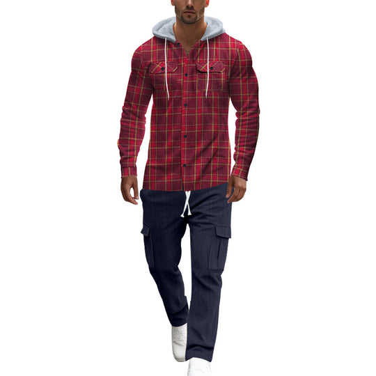 Herren gemusterte Kapuzenshirtjacke mit karierter Struktur und praktischen Taschen R&B